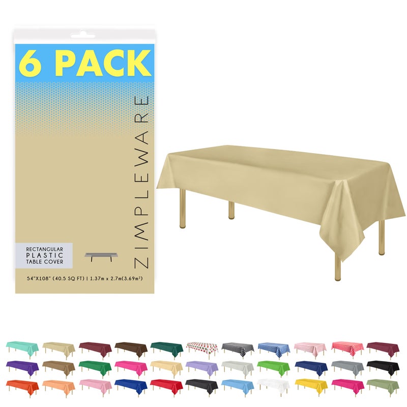 ZIMPLEWARE Premium Beige Plastic Table Cloth Disposable (6 Pk) Plastic Tablecloths for Rectangle Tables (54in x 108in) Party Table Cloths Disposable for 6ft to 8ft Rectangle Tables - Image 1